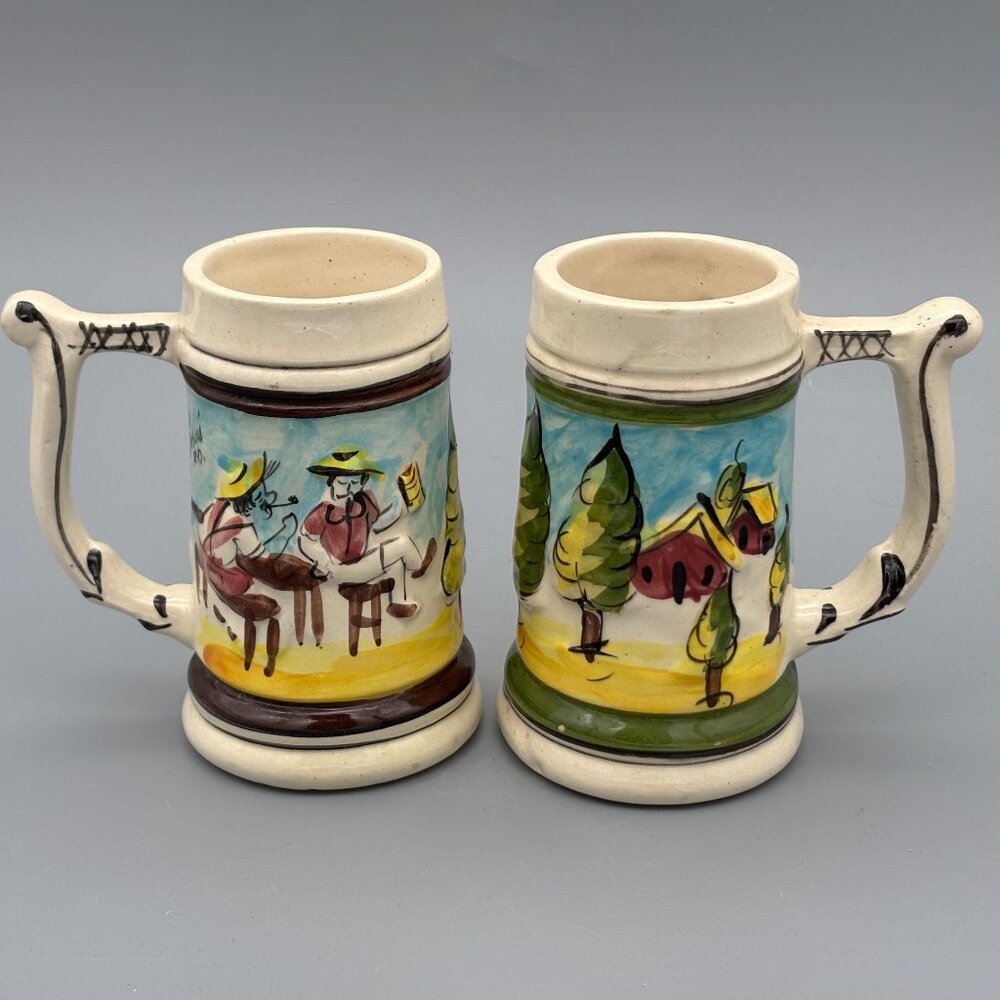 Vintage Hand Painted Beer Steins Pair Folk Art Village Scene Ceramic Mugs